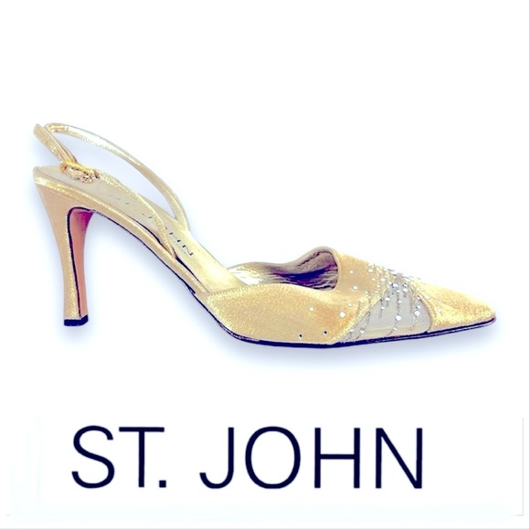 ST JOHN Beige Metallic Crystal Embellished Evening sling back Heels 8.5B - Picture 15 of 15